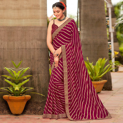 Magenta Partywear Printed Chiffon Saree With Border