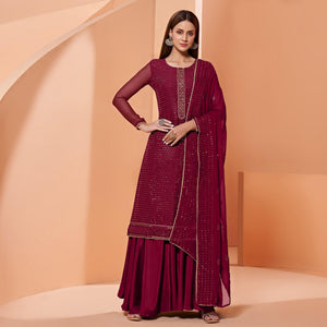 Magenta Partywear Sequins & Thread Embroidered Pure Georgette Palazzo Suit