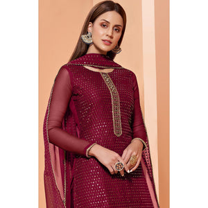 Magenta Partywear Sequins & Thread Embroidered Pure Georgette Palazzo Suit