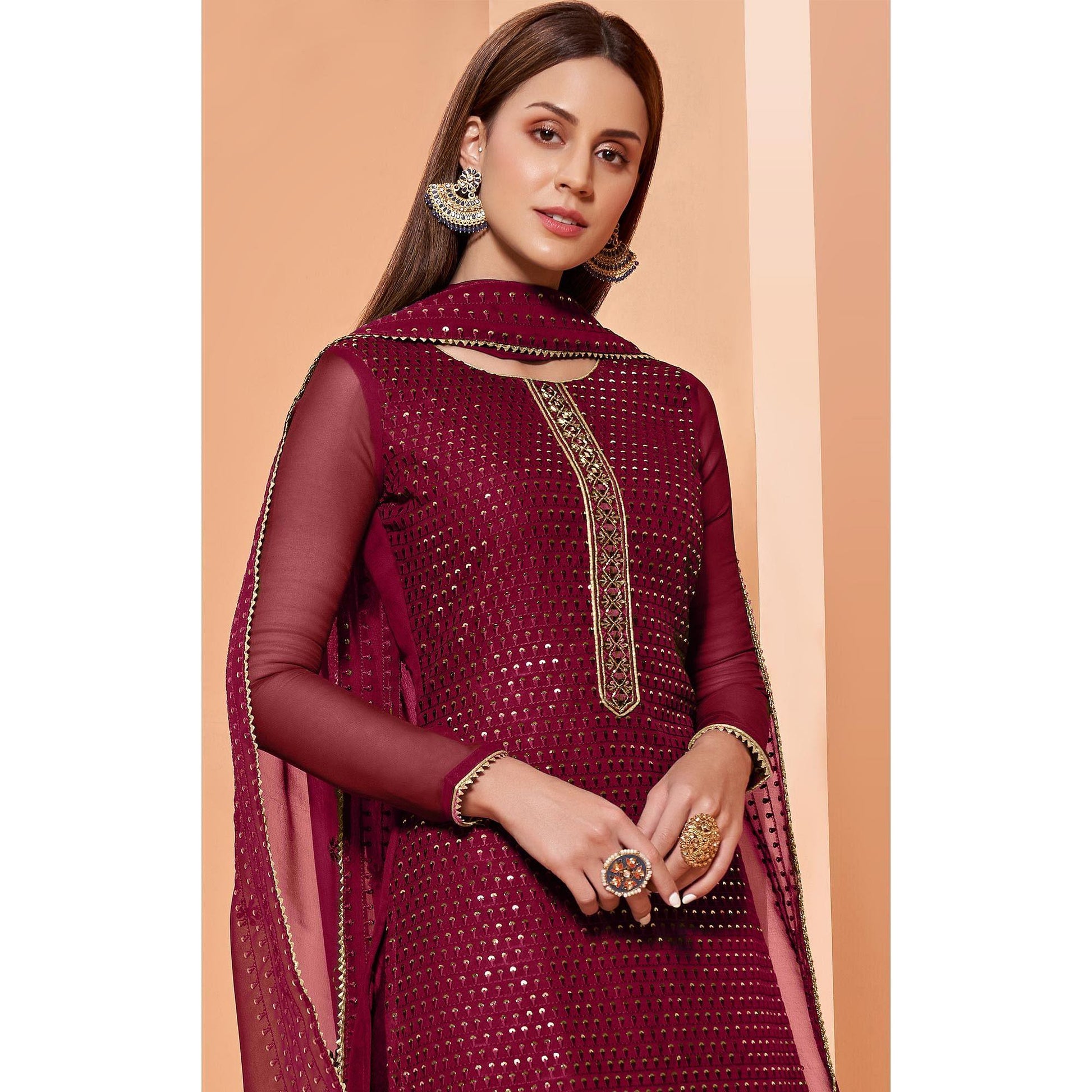 Magenta Partywear Sequins & Thread Embroidered Pure Georgette Palazzo Suit