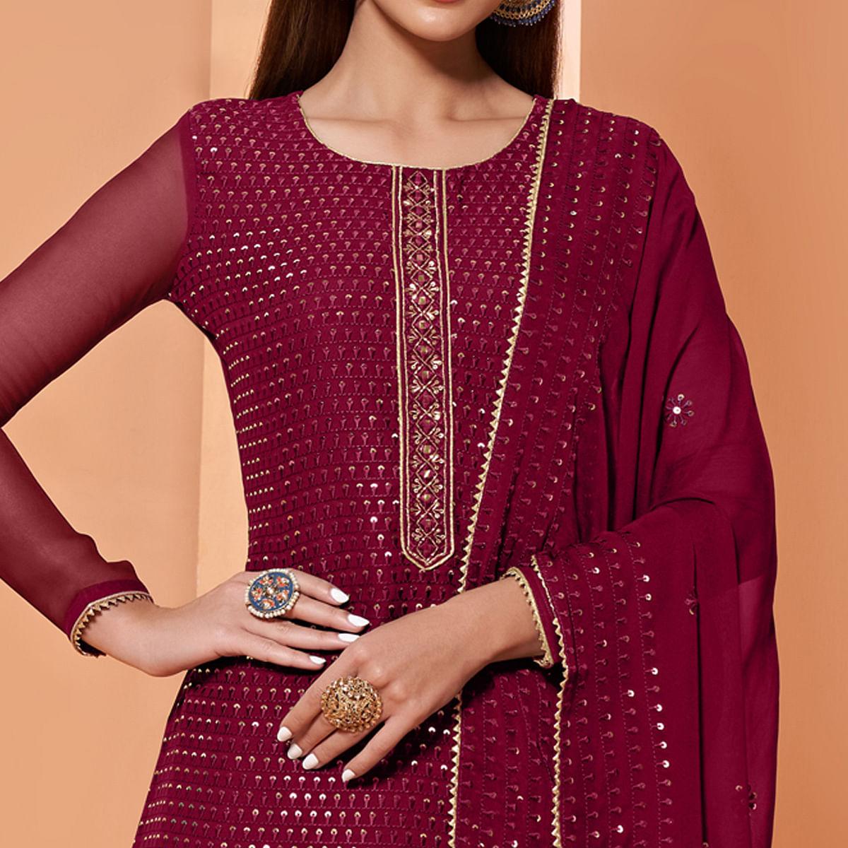 Magenta Partywear Sequins & Thread Embroidered Pure Georgette Palazzo Suit