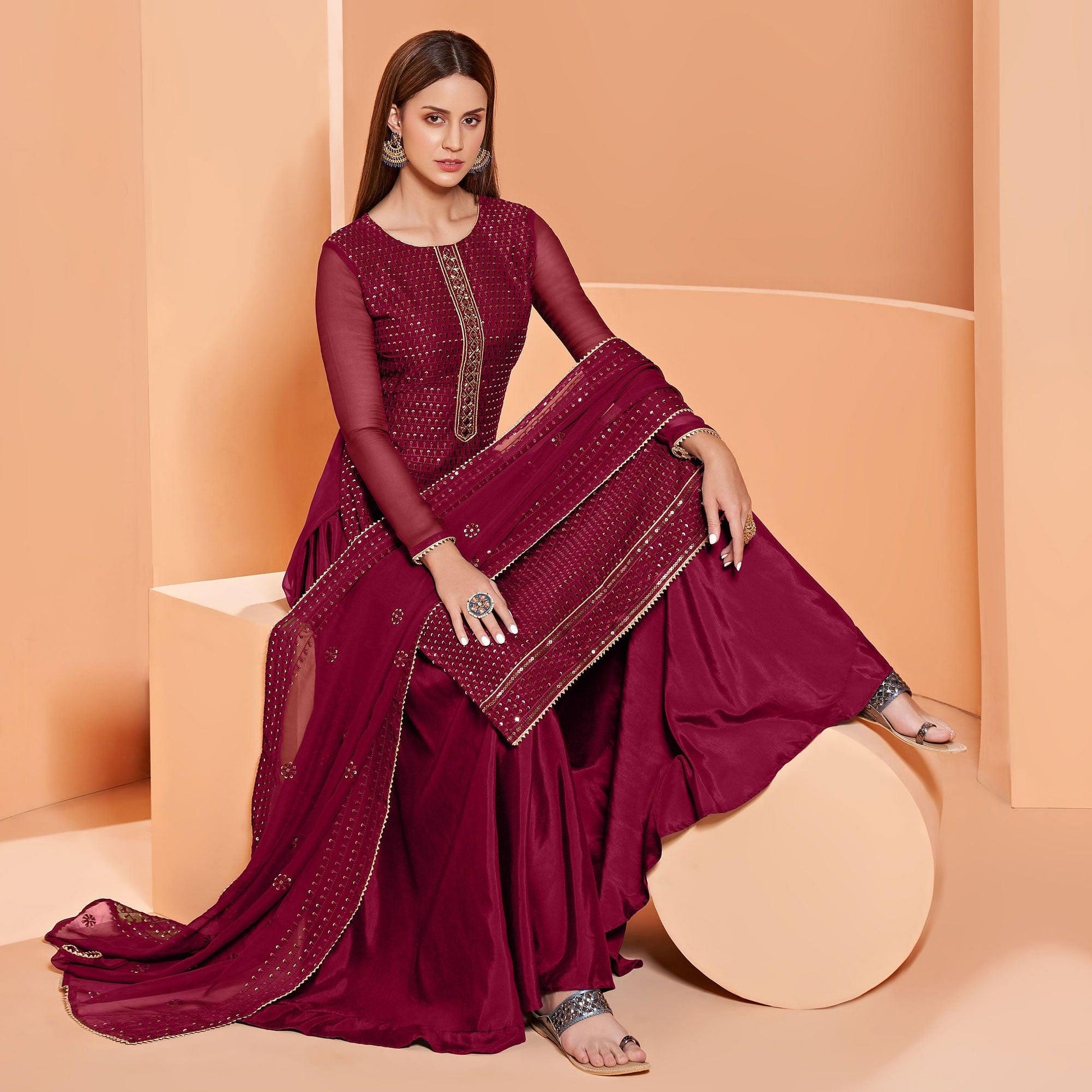 Magenta Partywear Sequins & Thread Embroidered Pure Georgette Palazzo Suit