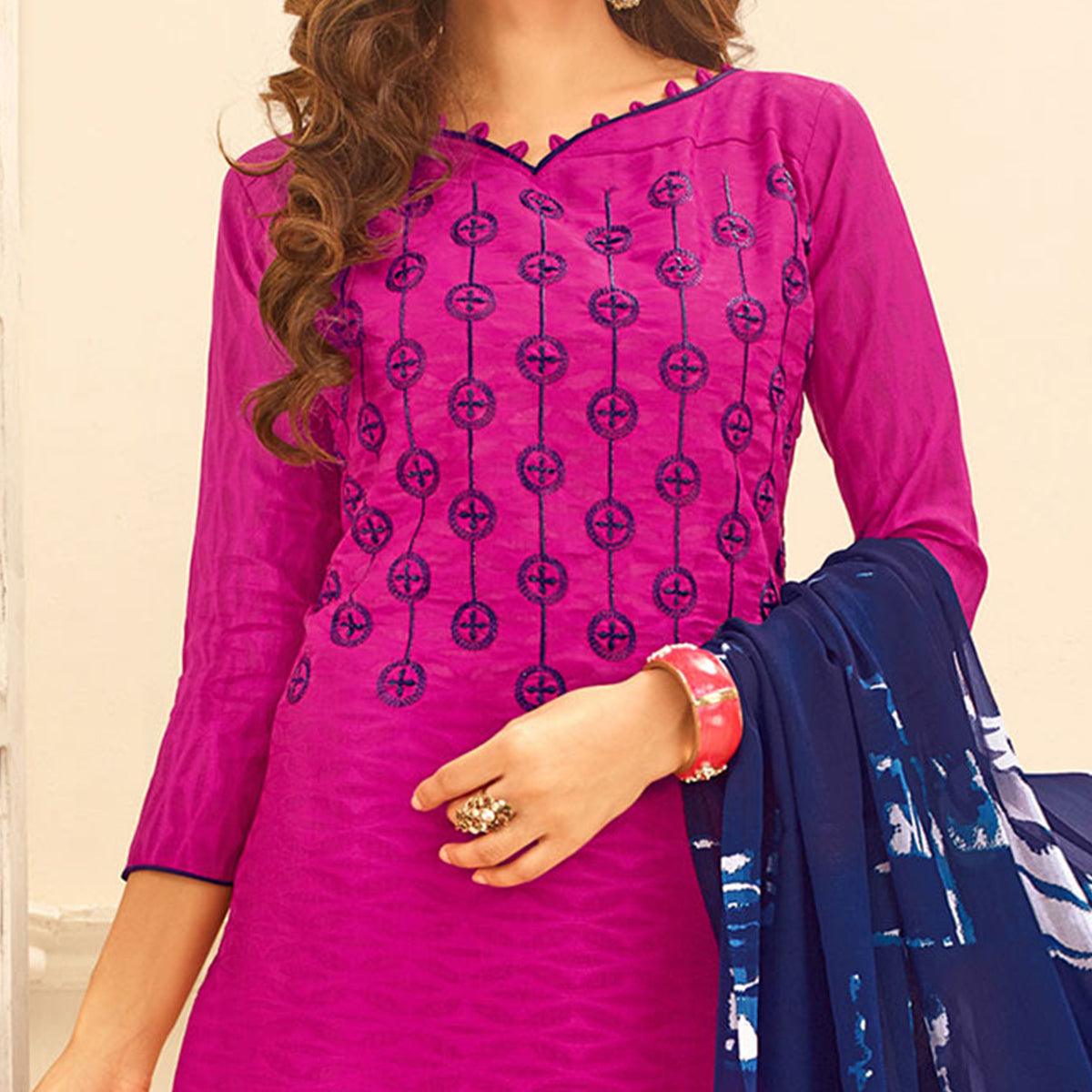 Magenta Pink Colored Embroidered Casual Wear Jacquard Suit