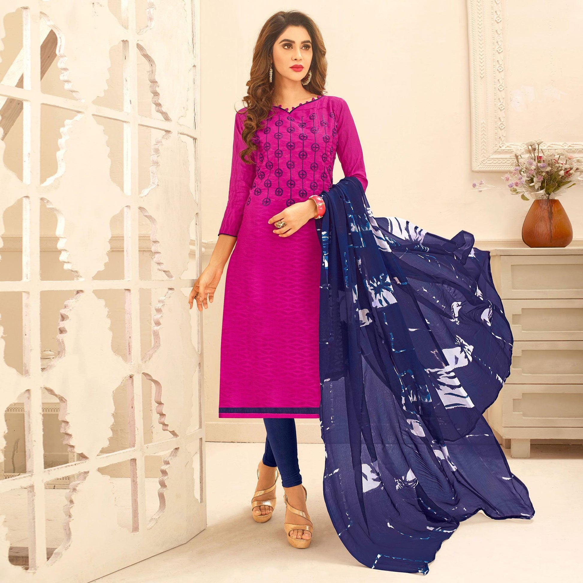 Magenta Pink Colored Embroidered Casual Wear Jacquard Suit