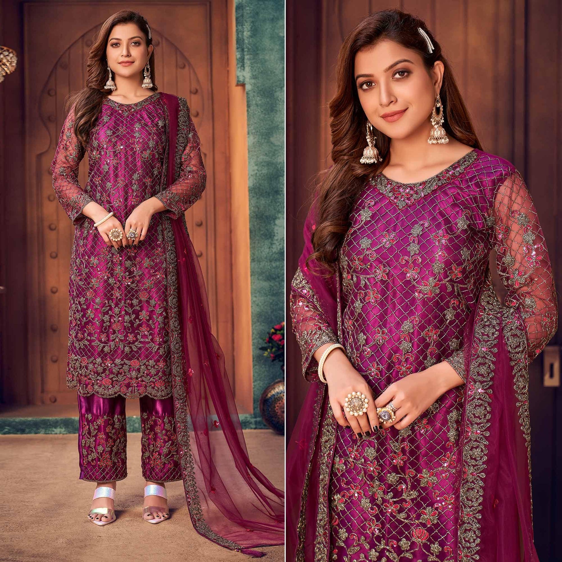 Magenta Pink Embroidered Netted Pakistani Suit