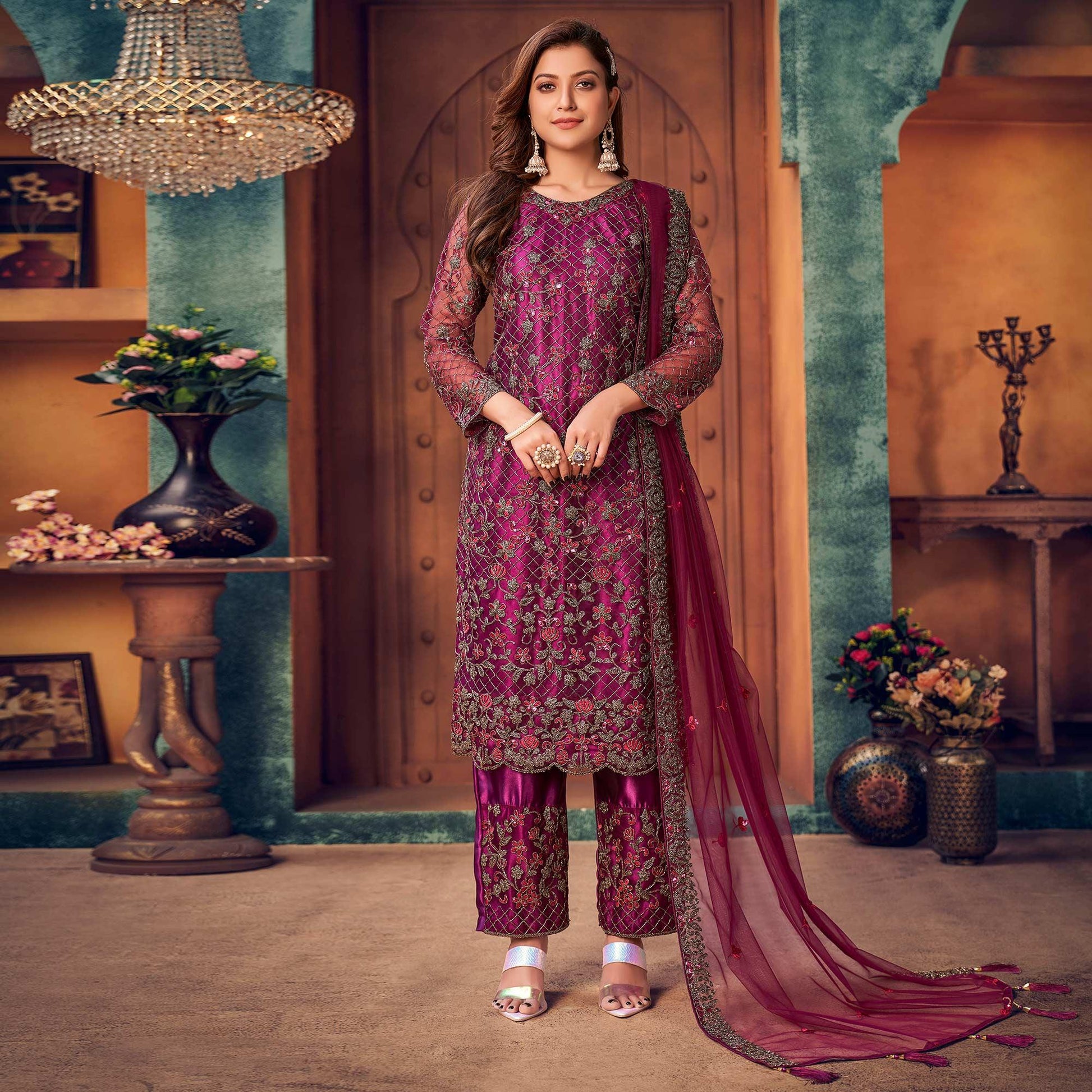 Magenta Pink Embroidered Netted Pakistani Suit