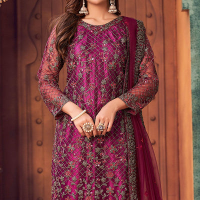 Magenta Pink Embroidered Netted Pakistani Suit