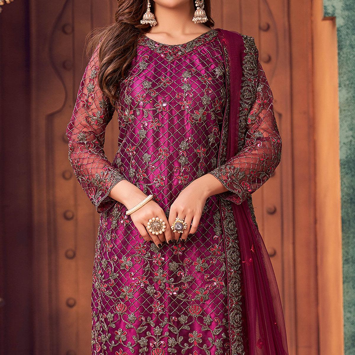 Magenta Pink Embroidered Netted Pakistani Suit