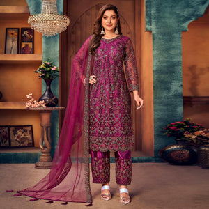 Magenta Pink Embroidered Netted Pakistani Suit