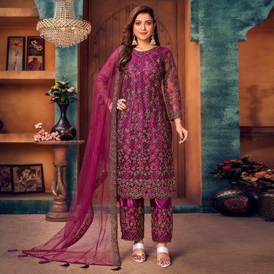 Magenta Pink Embroidered Netted Pakistani Suit
