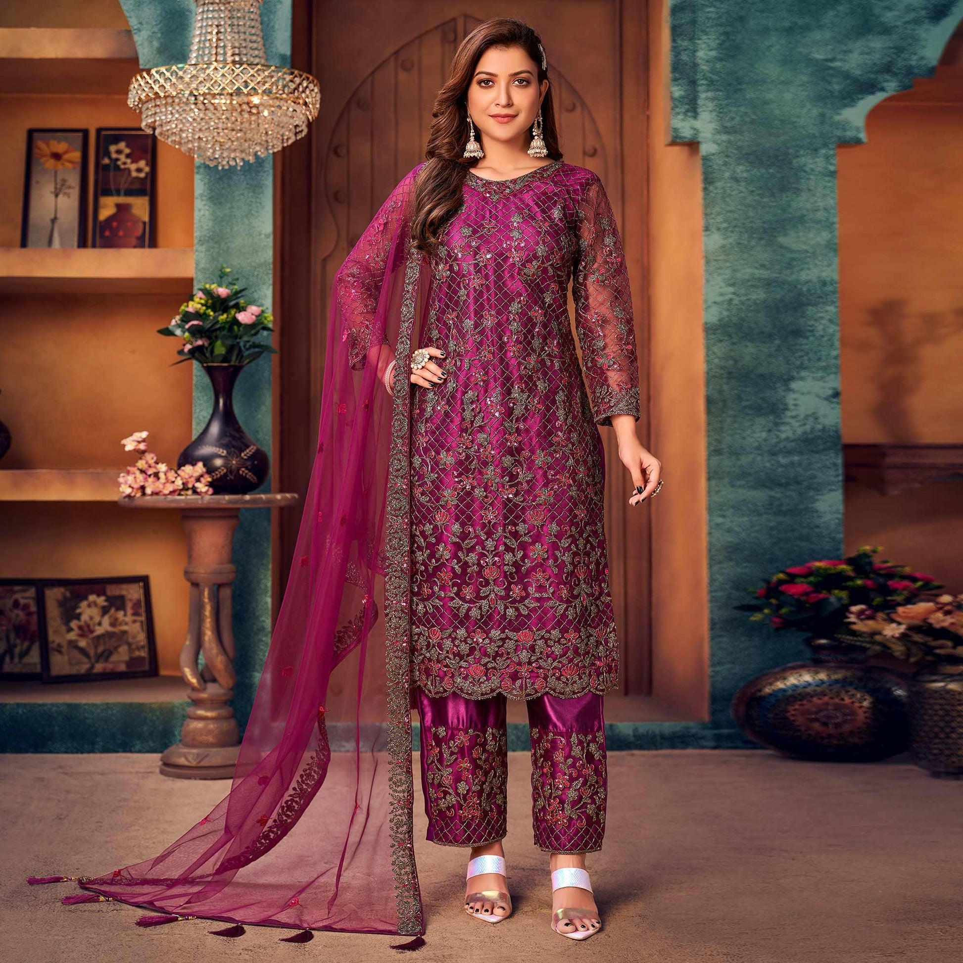 Magenta Pink Embroidered Netted Pakistani Suit