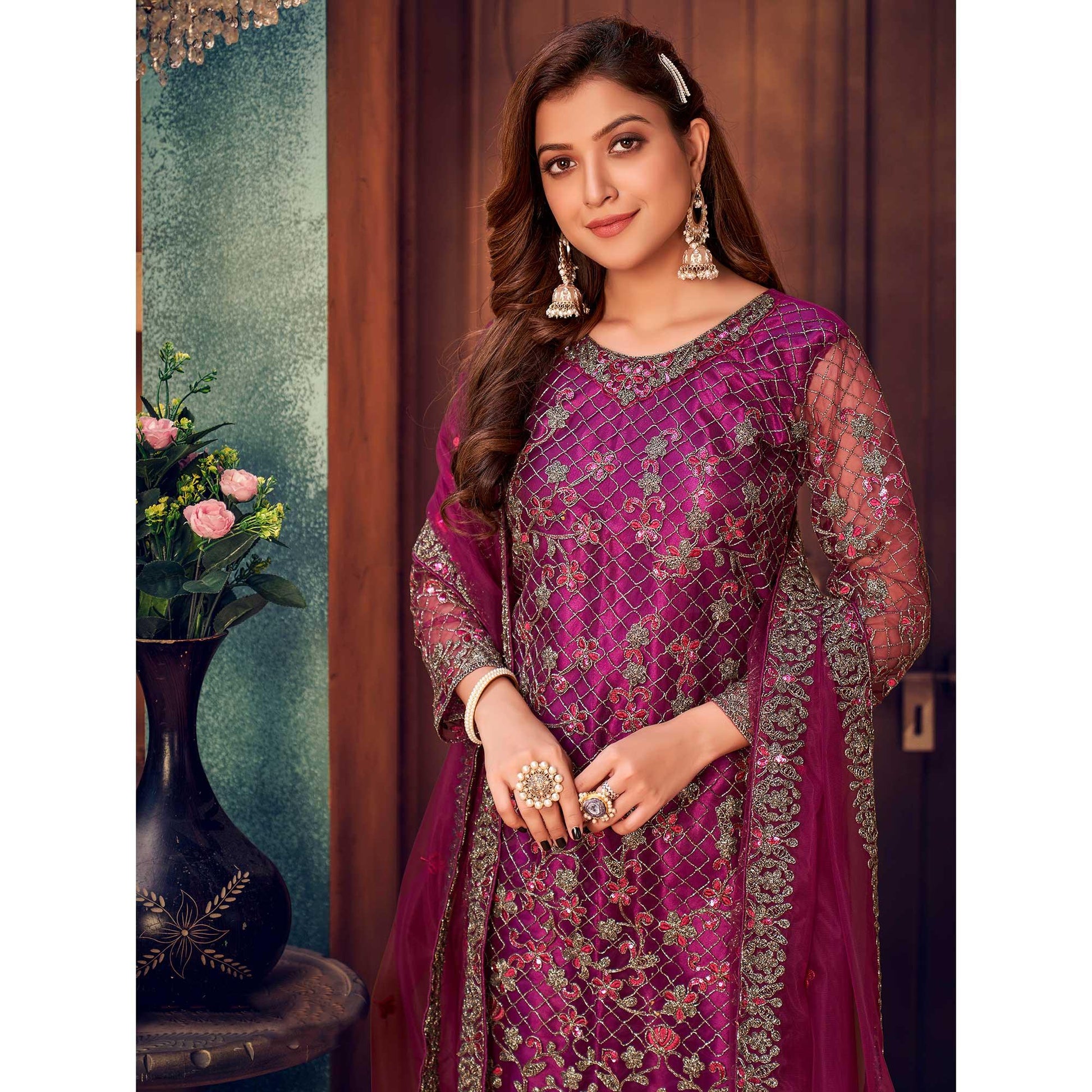 Magenta Pink Embroidered Netted Pakistani Suit