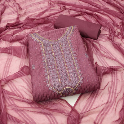 Magenta Pink Embroidered Cotton Blend Dress Material