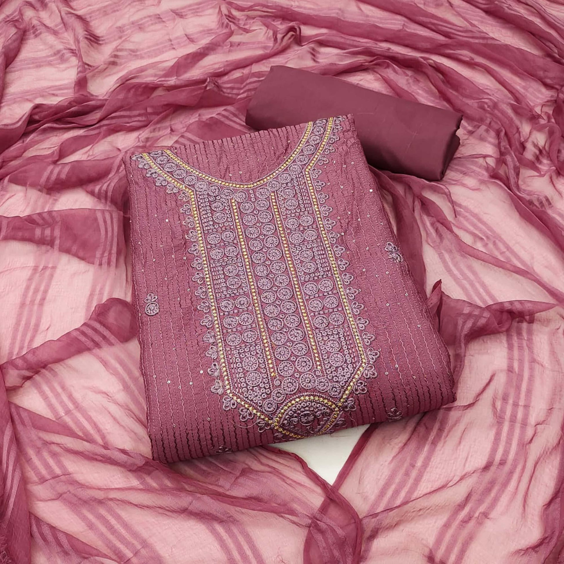Magenta Pink Embroidered Cotton Blend Dress Material