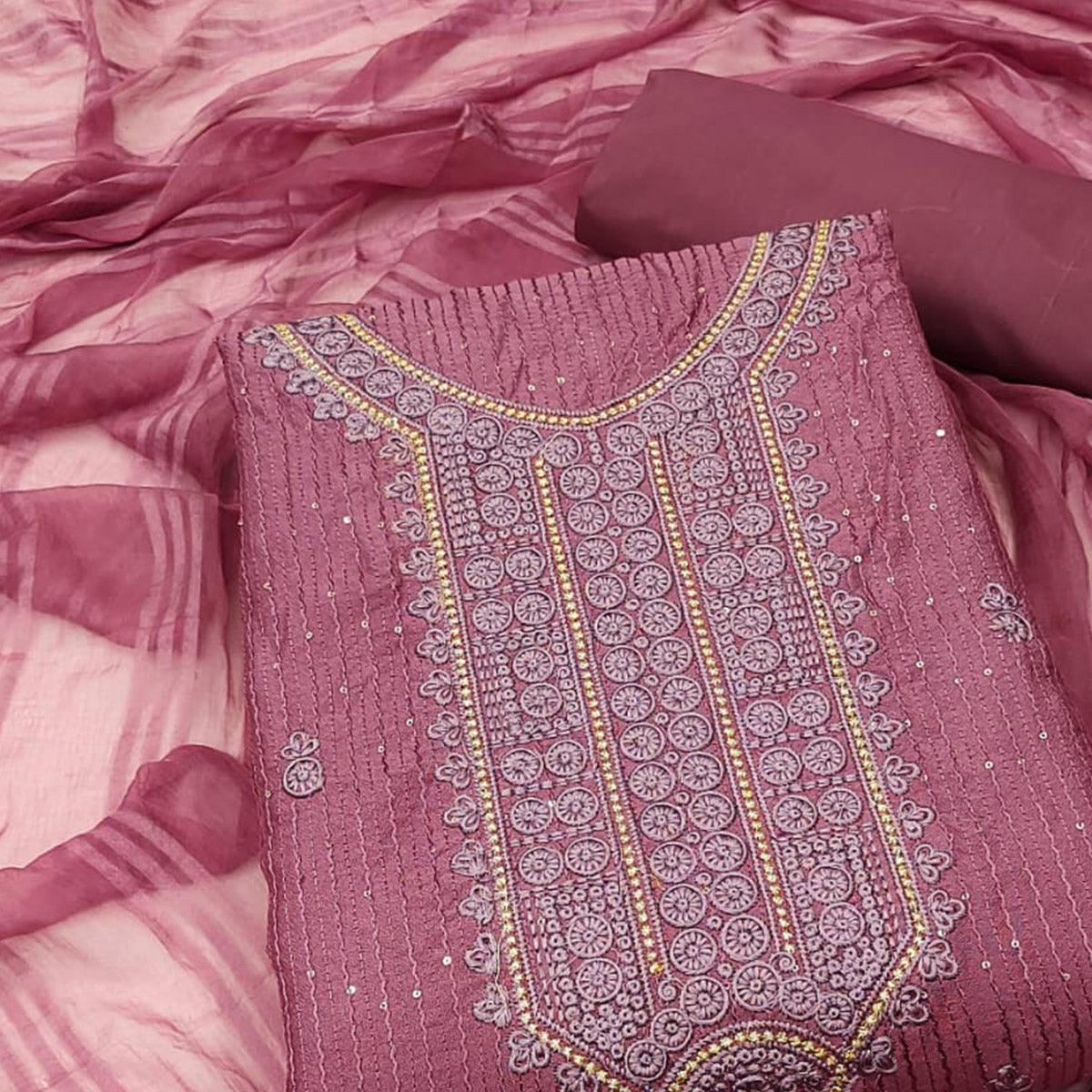 Magenta Pink Embroidered Cotton Blend Dress Material