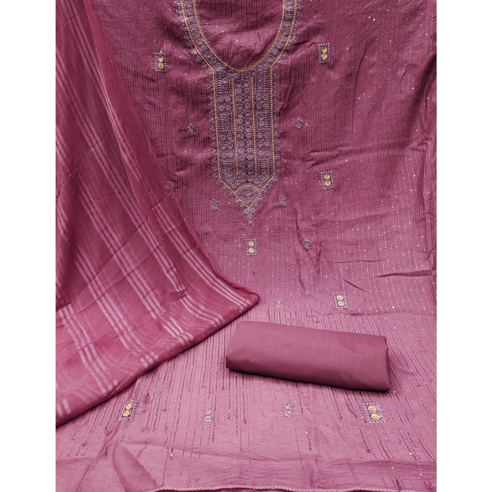 Magenta Pink Embroidered Cotton Blend Dress Material