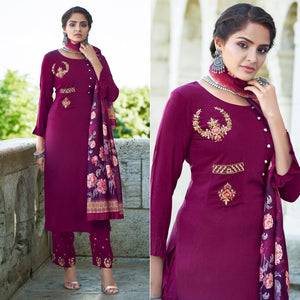 Magenta Pink Embroidered Rayon Kurti Pant Set With Dupatta
