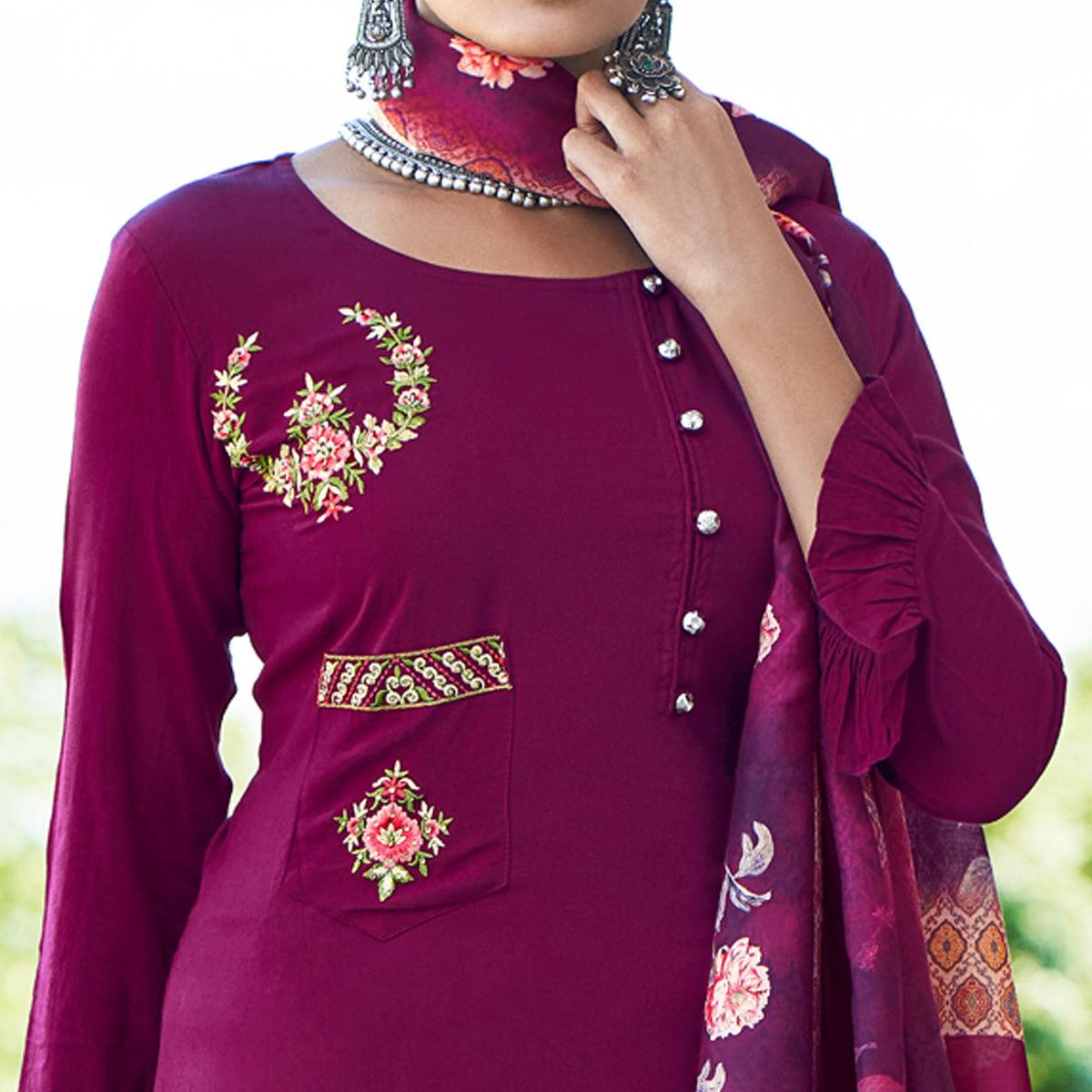 Magenta Pink Embroidered Rayon Kurti Pant Set With Dupatta