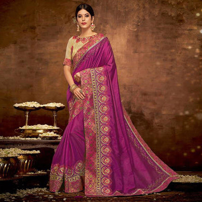 Magenta Pink Embroidered Satin Saree