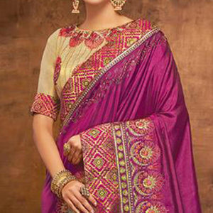 Magenta Pink Embroidered Satin Saree