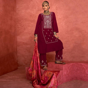 Magenta Pink Embroidered Velvet Pakistani Suit