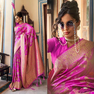 Magenta Pink Festive Wear Woven Silk Saree With Tassels