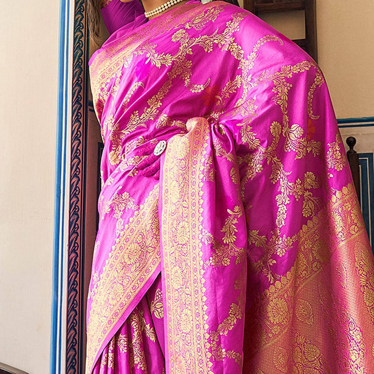 Magenta Pink Festive Wear Woven Silk Saree With Tassels