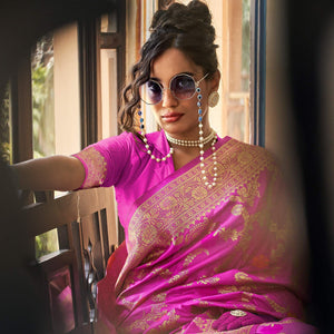 Magenta Pink Festive Wear Woven Silk Saree With Tassels