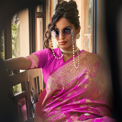 Magenta Pink Festive Wear Woven Silk Saree With Tassels
