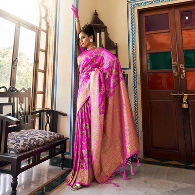 Magenta Pink Festive Wear Woven Silk Saree With Tassels