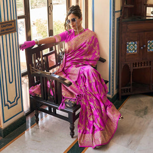 Magenta Pink Festive Wear Woven Silk Saree With Tassels