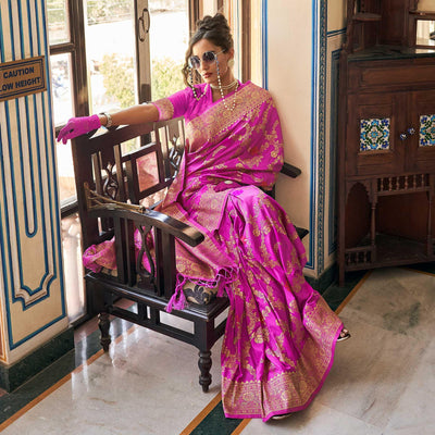 Magenta Pink Festive Wear Woven Silk Saree With Tassels