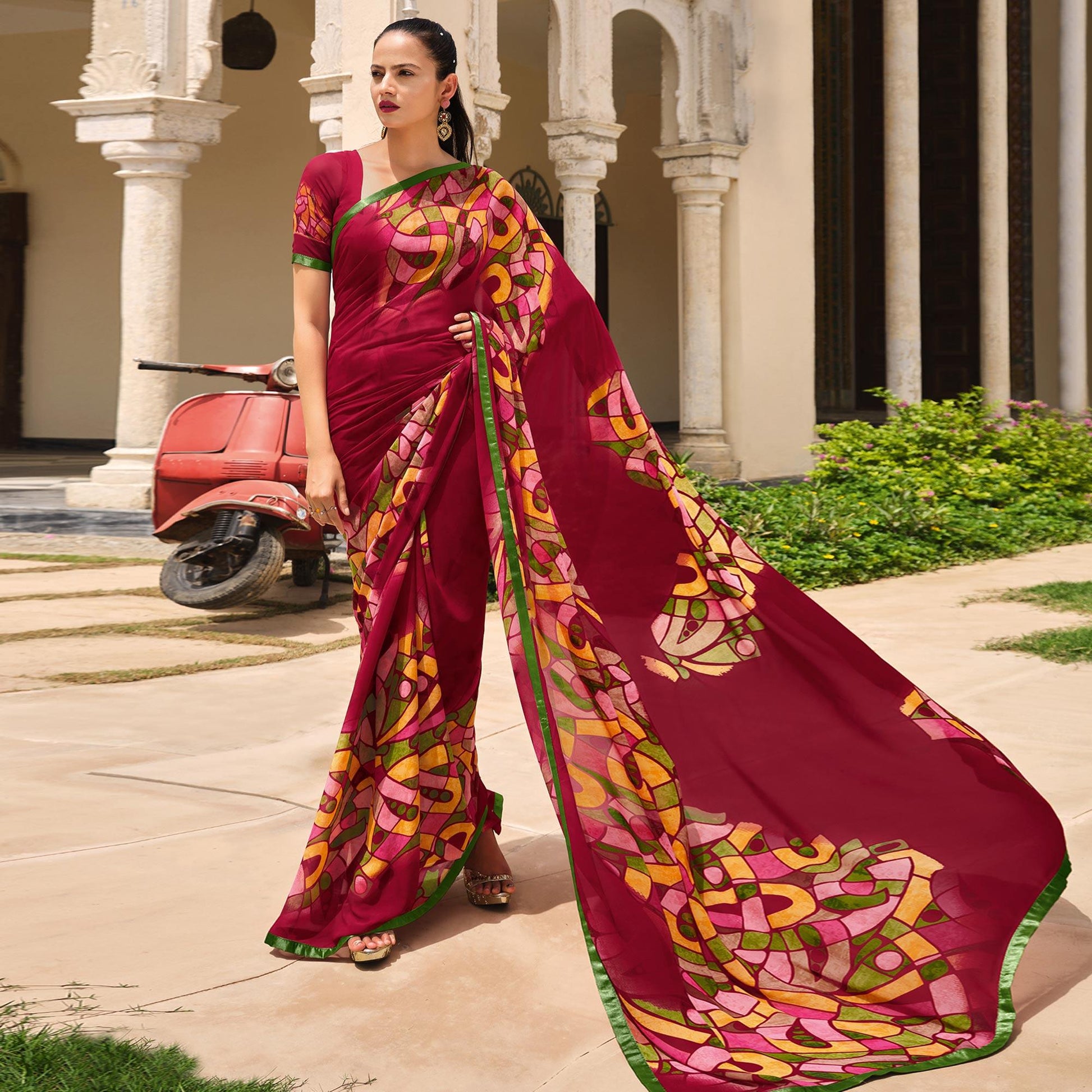 Magenta Pink Printed Georgette Saree