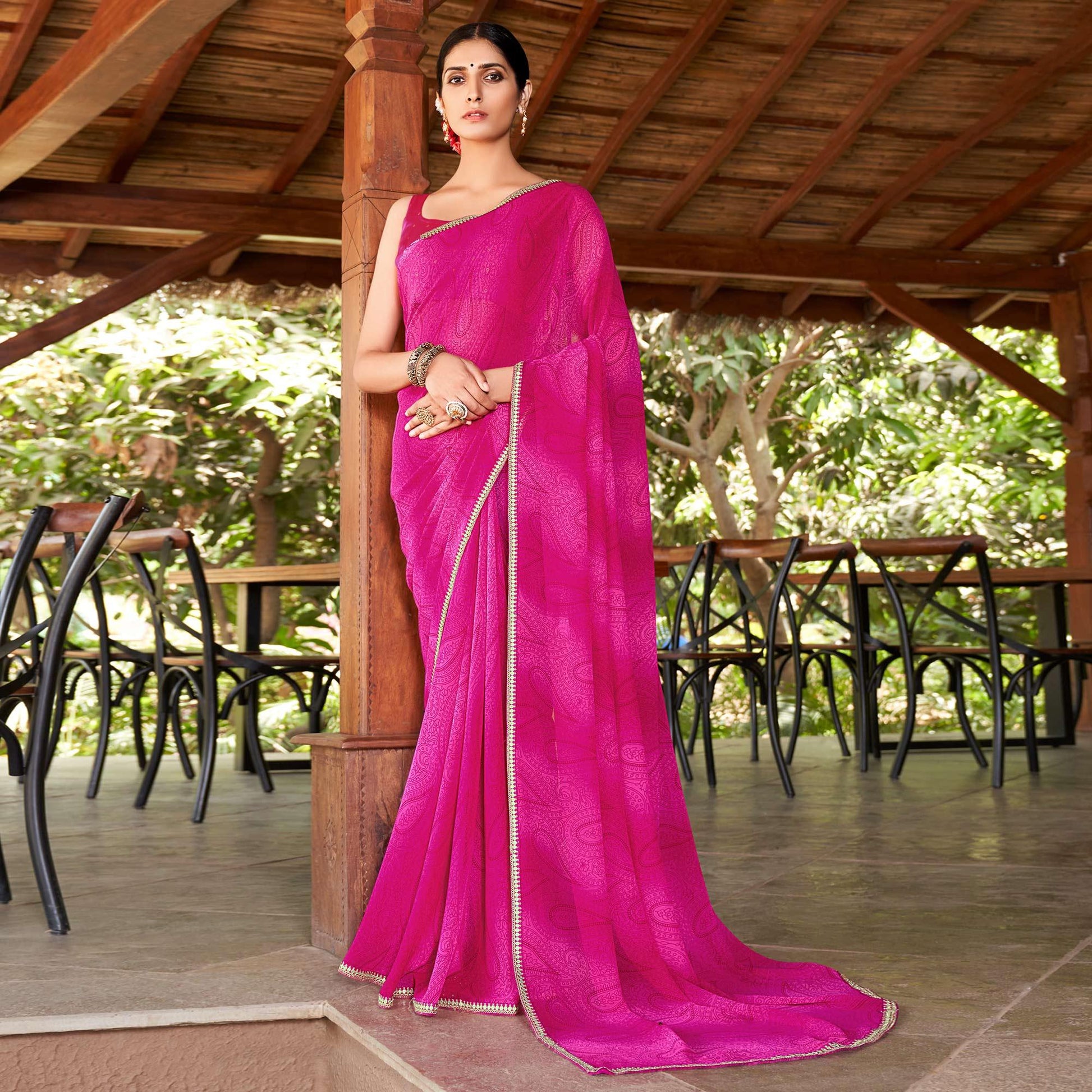 Magenta Pink Printed With Sequins Embroidered Border Georgette Saree