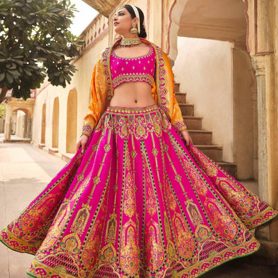 Magenta Pink Wedding Wear Woven-Embellished Banarasi Silk Lehenga Choli