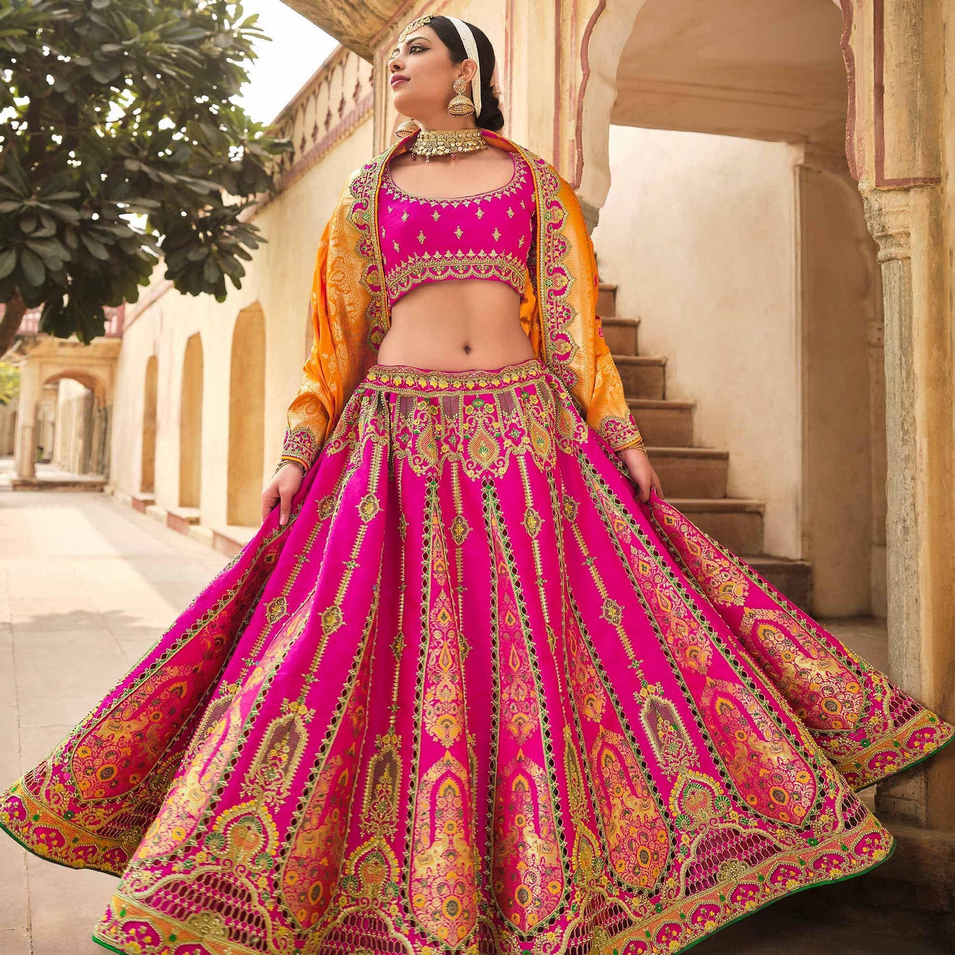 Magenta Pink Wedding Wear Woven-Embellished Banarasi Silk Lehenga Choli