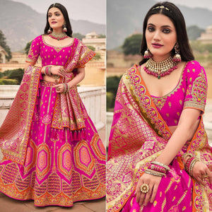 Magenta Pink Wedding Wear Woven-Embellished Banarasi Silk Lehenga Choli