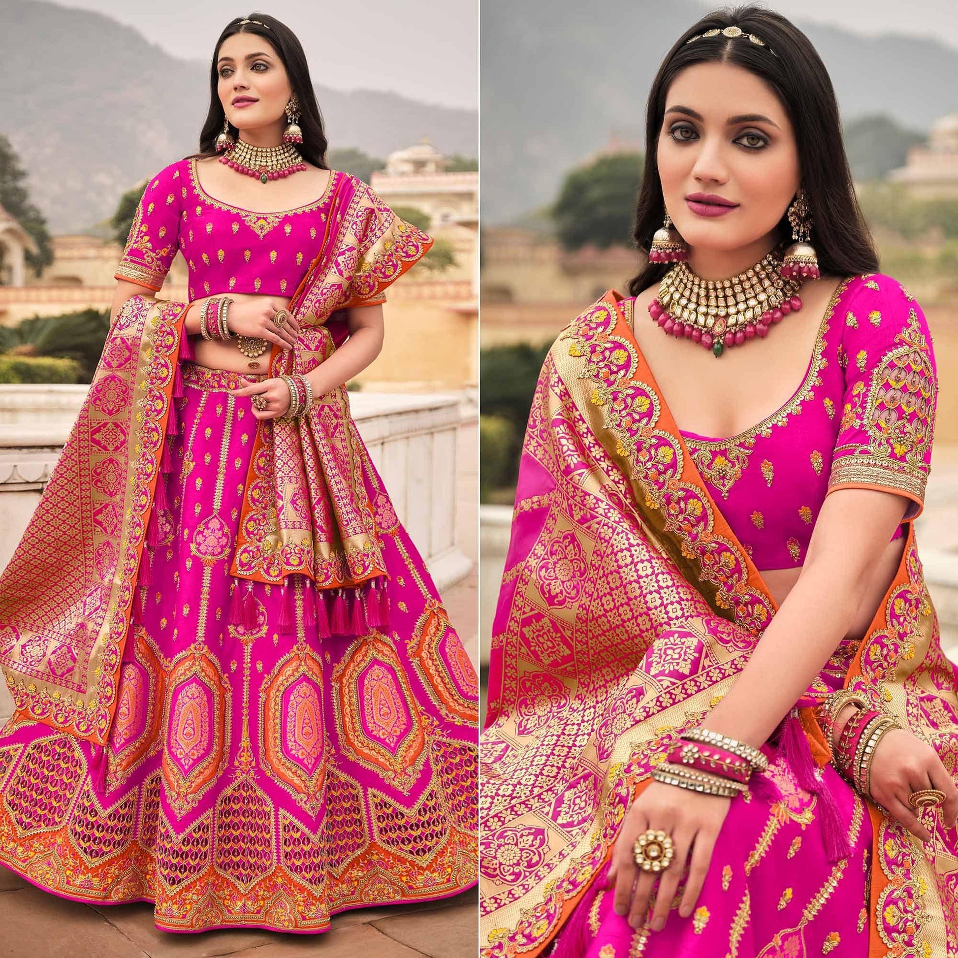 Magenta Pink Wedding Wear Woven-Embellished Banarasi Silk Lehenga Choli