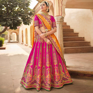 Magenta Pink Wedding Wear Woven-Embellished Banarasi Silk Lehenga Choli