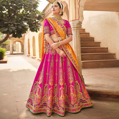 Magenta Pink Wedding Wear Woven-Embellished Banarasi Silk Lehenga Choli
