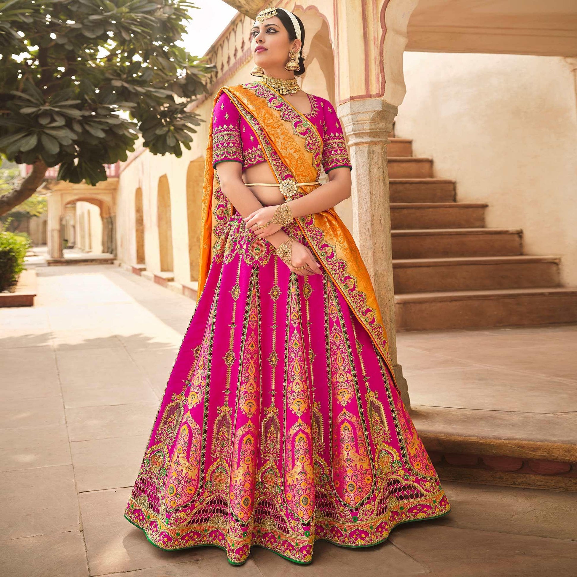Magenta Pink Wedding Wear Woven-Embellished Banarasi Silk Lehenga Choli