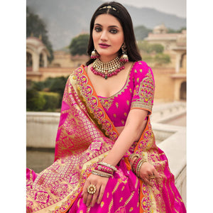 Magenta Pink Wedding Wear Woven-Embellished Banarasi Silk Lehenga Choli