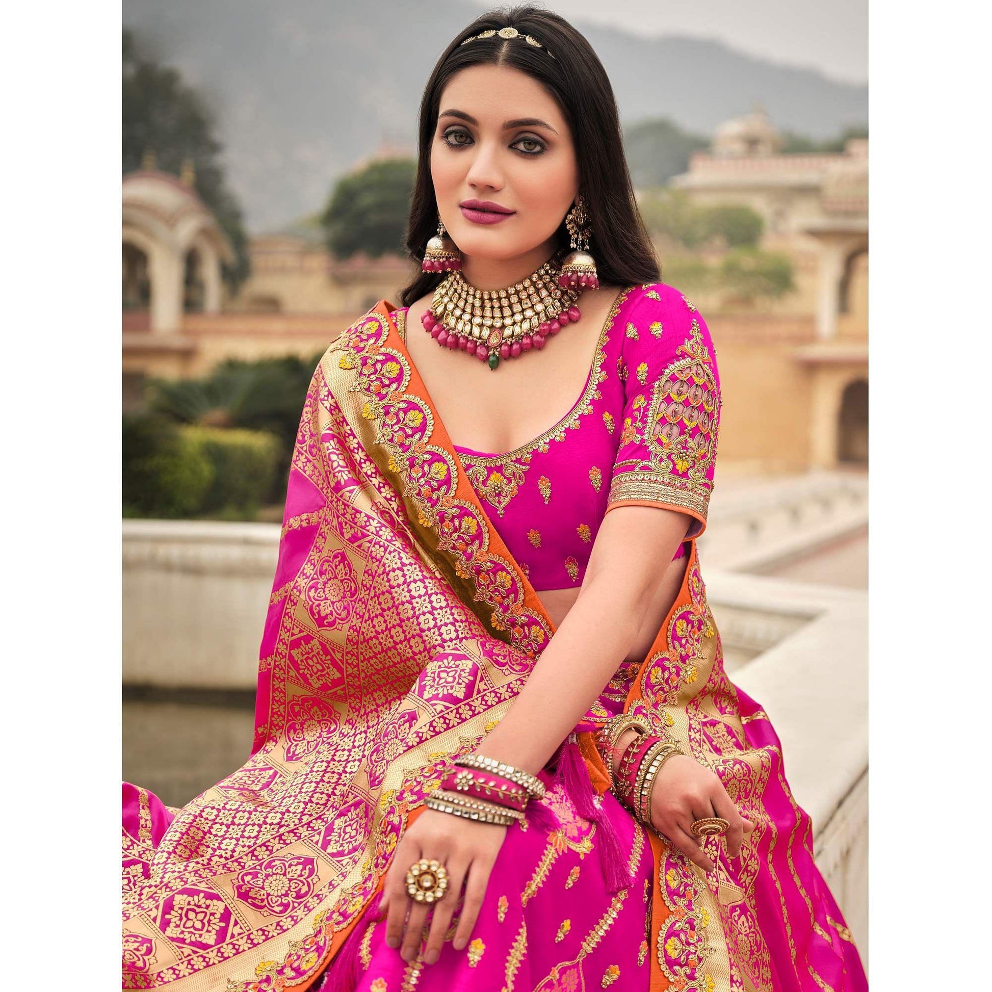 Magenta Pink Wedding Wear Woven-Embellished Banarasi Silk Lehenga Choli