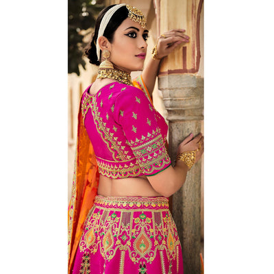 Magenta Pink Wedding Wear Woven-Embellished Banarasi Silk Lehenga Choli