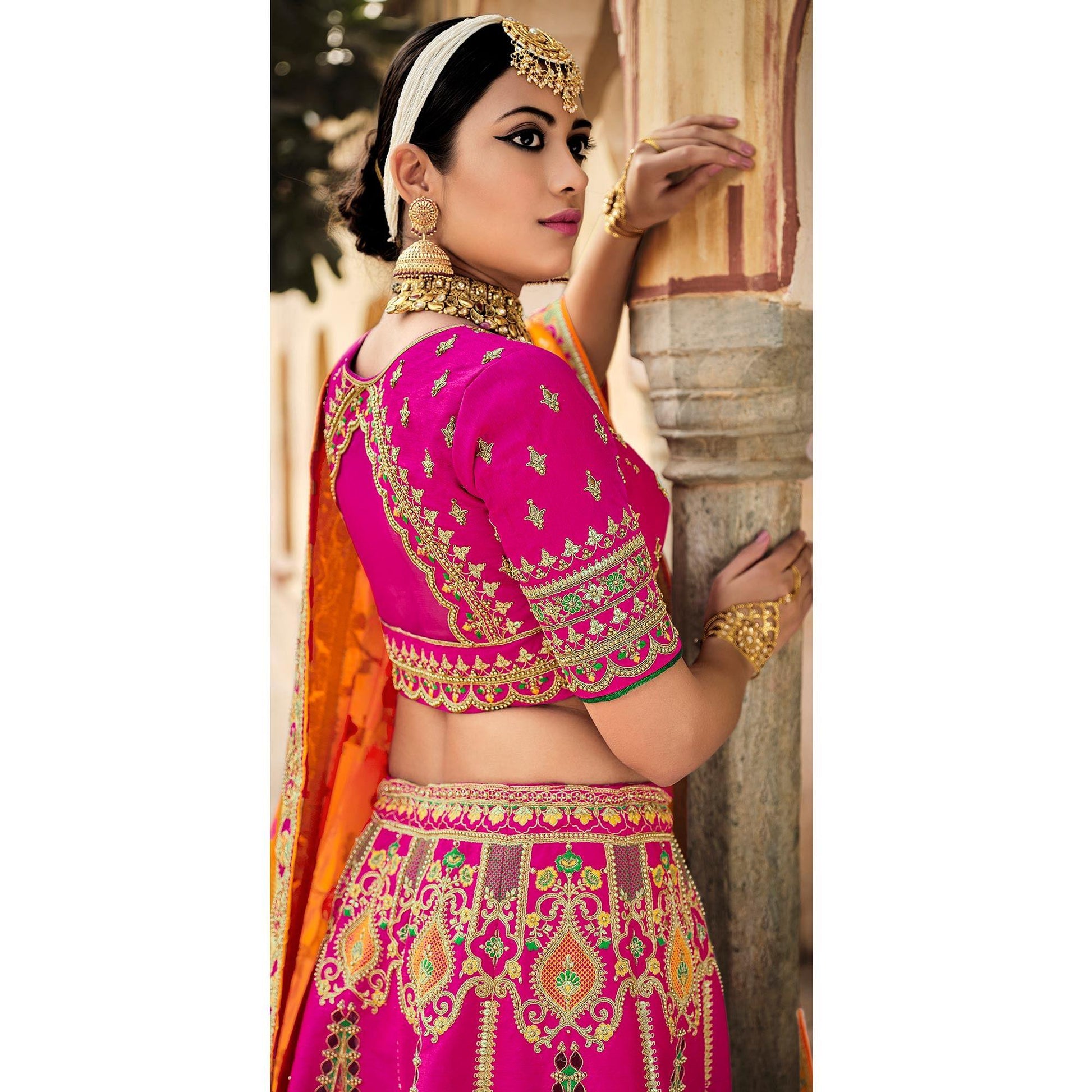 Magenta Pink Wedding Wear Woven-Embellished Banarasi Silk Lehenga Choli