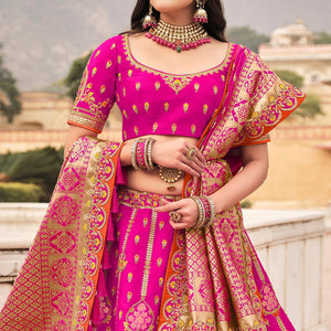 Magenta Pink Wedding Wear Woven-Embellished Banarasi Silk Lehenga Choli