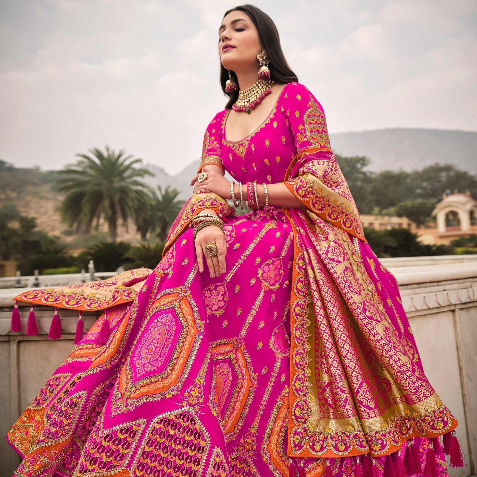 Magenta Pink Wedding Wear Woven-Embellished Banarasi Silk Lehenga Choli