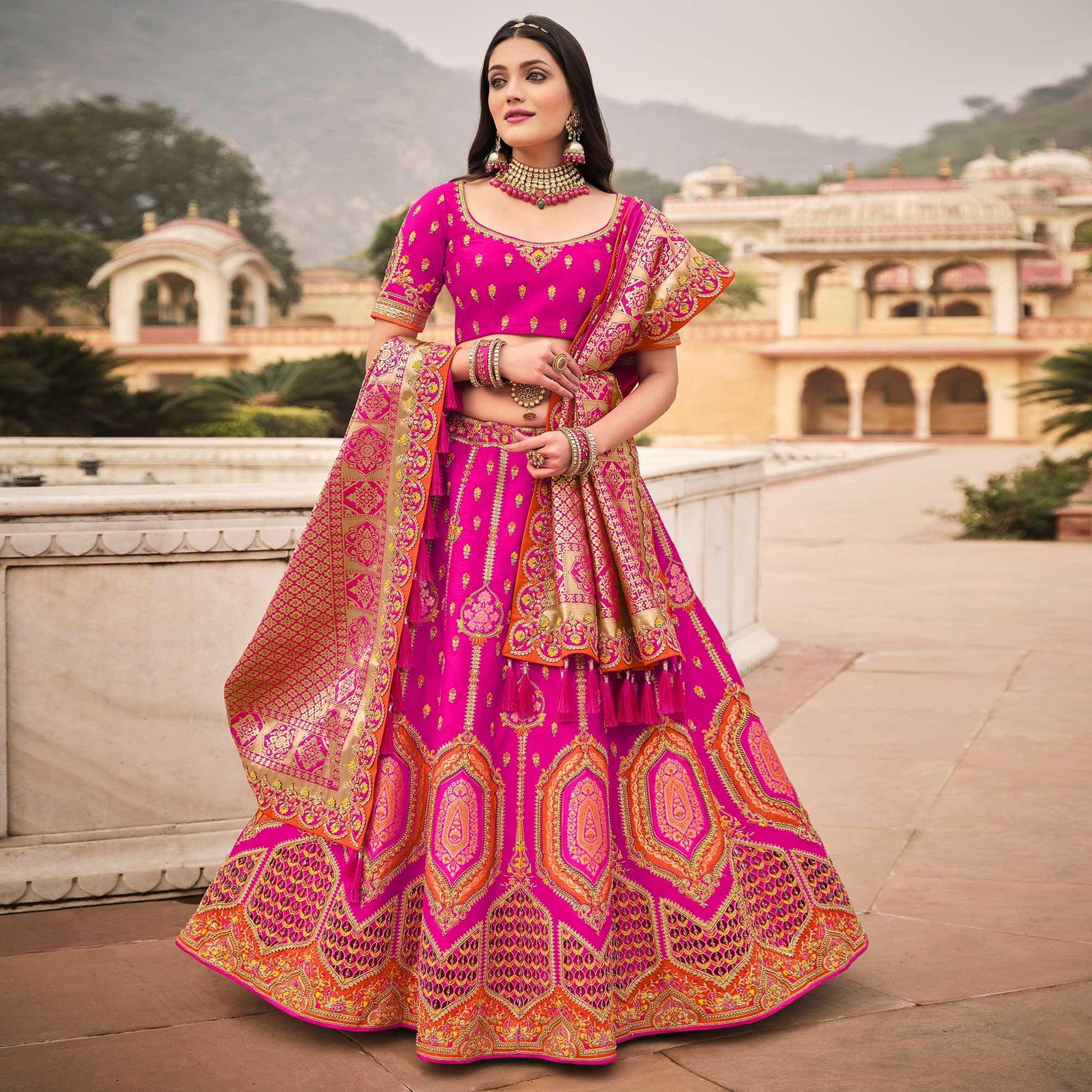 Magenta Pink Wedding Wear Woven-Embellished Banarasi Silk Lehenga Choli