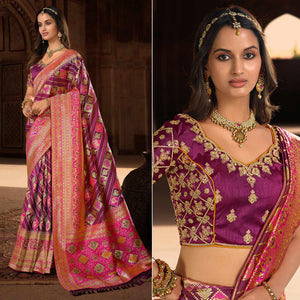 Magenta Pink Woven Banarasi Silk Saree With Tassels