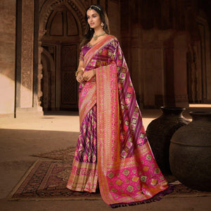 Magenta Pink Woven Banarasi Silk Saree With Tassels